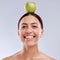 Apple, balance or portrait of happy woman in studio on white background for healthy nutrition or clean diet. Smile, face