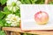 Apple and book on a wooden chair in the garden