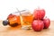 Apple cider vinegar in jar, glass and fresh apple, healthy drink