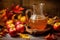 apple cider in a vintage pitcher with fall leaves