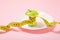 Apple core with measuring tape in place of the waist on a white plate on pink background. Diet, weigh loss, starvation, fitness