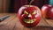 Apple evil smiling - carved evil smile on apple, knife rests nearby on wooden surface, indoor lighting.