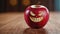 Apple evil smiling - carved evil smile on apple, wooden surface, indoor lighting.