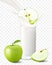 Apple falling in a glass of milk or yogurt. Sweet milk splashes. Fruit milkshake advertising banner, yogurt jet, flying drops,