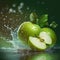 Apple freshness Water splashing on green apple and cut slice