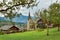 Apple garden in front of the old parish church on a cloudy autumn day. Grundlsee, Styria, Austria