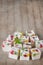 Apple gelatin dessert sugar free pastila marshmallow cubes isolated on old wooden table