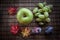 Apple green autumn leaves grapes green plum and rusk
