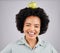 Apple on head, balance and portrait of black woman in studio for nutrition, wellness and healthy snack. Food, diet and