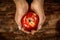 An apple held in female hands. Wooden table with blurred apples background. Empty space for your decoration and products.