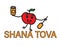 Apple holding honey jar and stick, standing on SHANA TOVA text