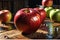 An apple in hyper-realistic photography, glistening with fresh water droplets and positioned prominently