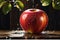 An apple in hyper-realistic photography, glistening with fresh water droplets and positioned prominently