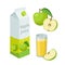 Apple juice in packaging and fresh whole and halved apples, glass of apple juice. Vector illustration in flat design