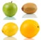 Apple, kiwi, lemon and orange isolated on reflective surface