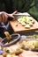 Apple knife cutter with cut slices core and whole apples close up photo