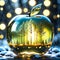 The apple is made of transparent glass, and it is filled with golden lights.