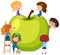 Apple with many children cartoon character isolated