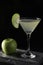 Apple Martini cocktail is on the bar. Space for text. Photo for the menu