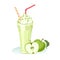 Apple Milkshake in glass with straw isolated on white background.