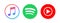 Apple music, spotify, youtube misic. - Collection of popular Music streaming services logo. Popular music streaming service.