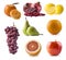 Apple, pear, grape, mandarin, orange, grapefruit, pomegranate and lemon isolated. Autumn fruits with copy space for text. fruits