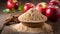 Apple pectin fiber powder in wooden bowl and fresh red apple