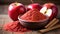 Apple pectin fiber powder in wooden bowl and fresh red apple