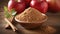 Apple pectin fiber powder in wooden bowl and fresh red apple