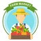 Apple picking logo, man with apple. Farmers characters