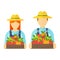 Apple picking logo, man and woman with apple. Farmers characters.
