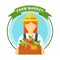 Apple picking logo, woman with apple. Farmers characters.