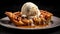 Apple pie with caramel topped with a scoop of vanilla ice cream