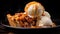 Apple pie with caramel topped with a scoop of vanilla ice cream