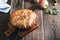 Apple pie in cast iron skillet, traditional Thanksgiving dessert