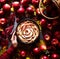 Apple pie delicious autumn or winter pastries in a woman`s hand. Autumn dish and mood. The frame is decorated with