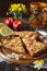 Apple pie, fruits and large ceramic mug