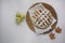 Apple pie with white towel on wooden tray. Dessert. Homemade cake with apples. Autumn flatlay. Autumn homemade pie