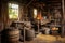 apple press and cider-making equipment in a rustic barn setting