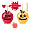 Apple with red and yellow caramel Sweet candy on sticks. Happy Halloween dessert. Vector illustration on white