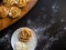 Apple roses, apple buns, serving with whipped cream and almond petals,