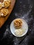 Apple roses, apple buns, serving with whipped cream and almond petals,