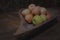 Apple on rustic wooden basket still life photography close view composition