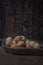 Apple on rustic wooden basket still life photography vertical view composition