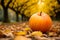 an apple sits on the ground surrounded by fallen leaves