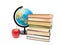 Apple, stack of books and globe on white background.