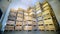 Apple storage. warehouse. stacks of wooden crates for fruit, boxes with apples at cold storage warehouse. huge airless