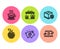 Apple, Surprise boxes and Delivery insurance icons set. Coffee cup, Piggy sale and Copywriting notebook signs. Vector