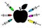 Apple with a syringe. Genetically modified fruit and syringe with colorful chemical. GMO food.