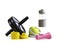 Apple with tape, wheel, fitness elastic band, water bottle and dumbbells